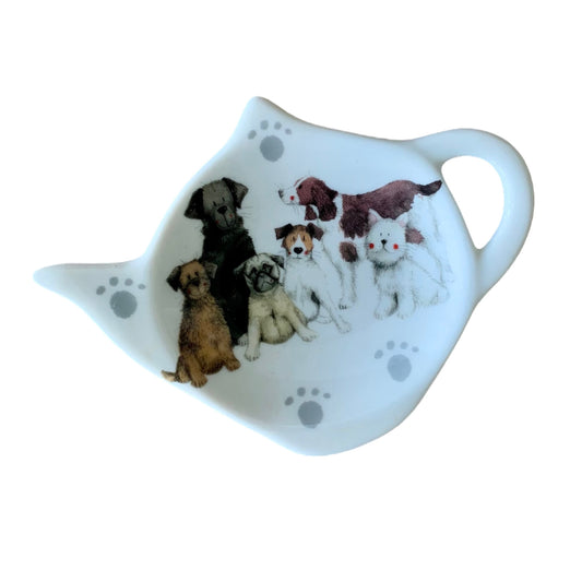 This Alex Clark teabag tidy is illustrated with a group of assorted breed of dogs. There is also a matching teapot & mugs in the same illustration.