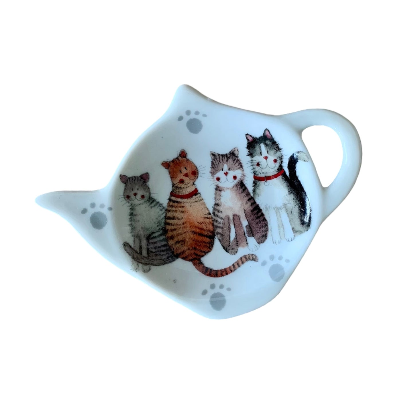 This Alex Clark teabag tidy is illustrated with a group of assassorted breeds of happy cats.  There is also a matching teapot & mugs in the same illustration.