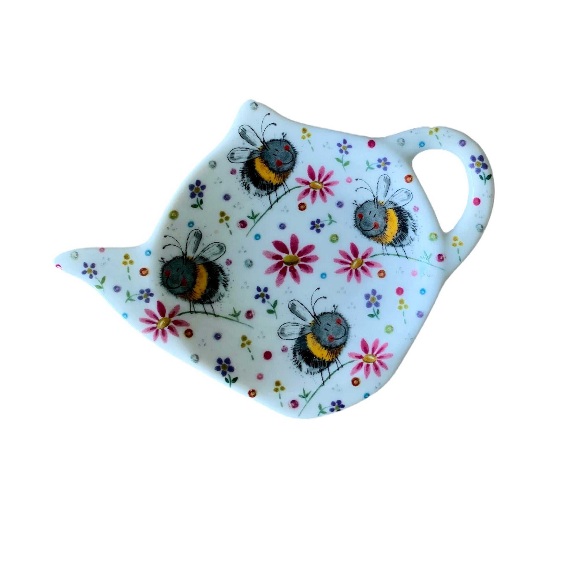 This Alex Clark teabag tidy is illustrated with bumble bees in a meadow of flowers There is also a matching teapot & mugs in the same illustration.