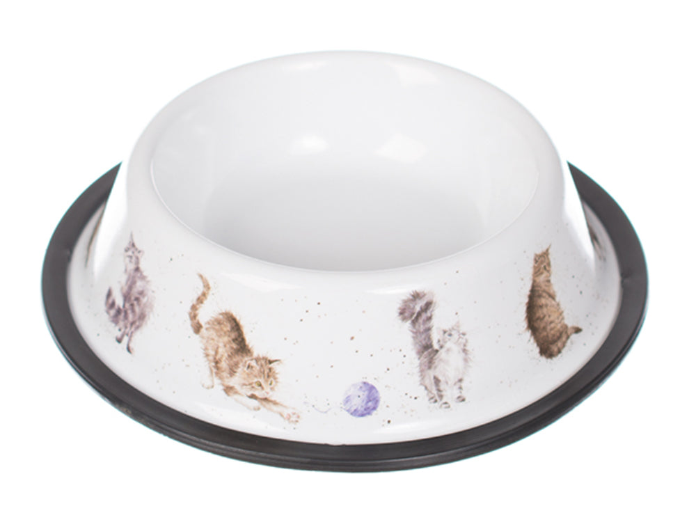 A white cat bowl with a black rim and watercolour paintings of cat breeds around the outside