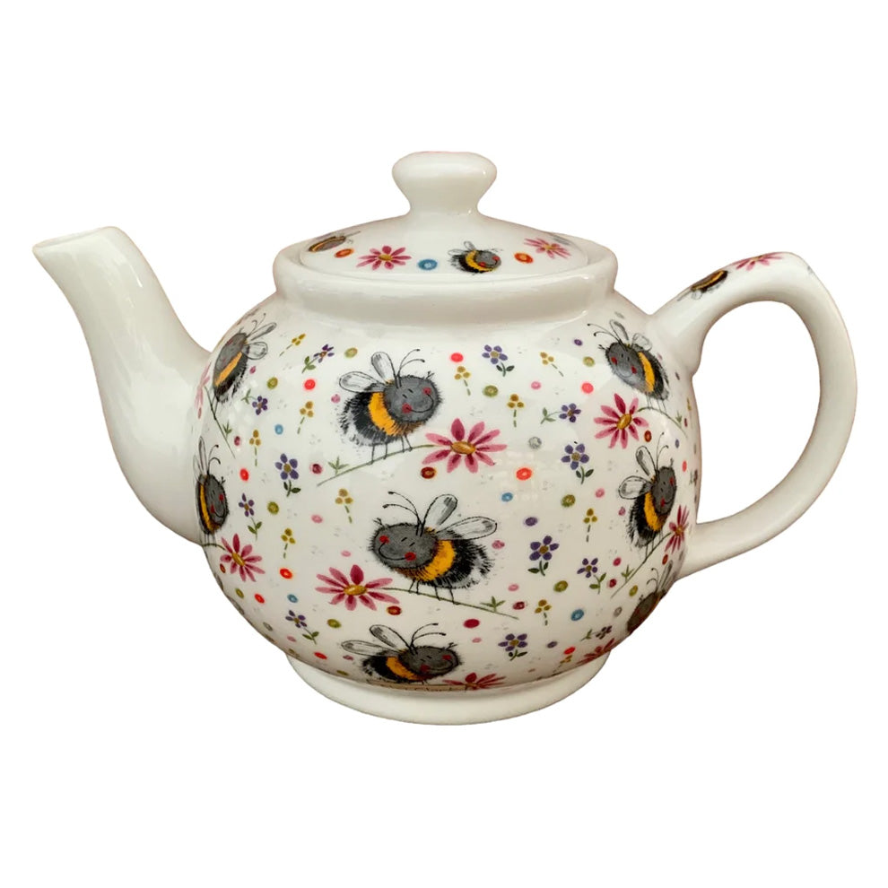 This Alex Clark adorable teapot is illustrated with bumble bees in a meadow of flowers.  There is also a matching tea bag tidy & mugs in the same illustration.