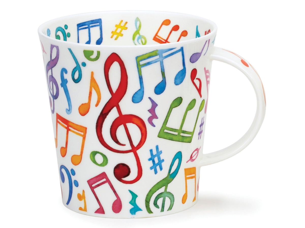 This Dunoon Cairngorm Upbeat Mug is made from fine bone china and has been patterned with colourful musical notes in varying sizes all around its exterior and along its handle. There are also colourful notes around the inner rim of the mug, and it is large in size and ideal for big cups of tea and coffee.