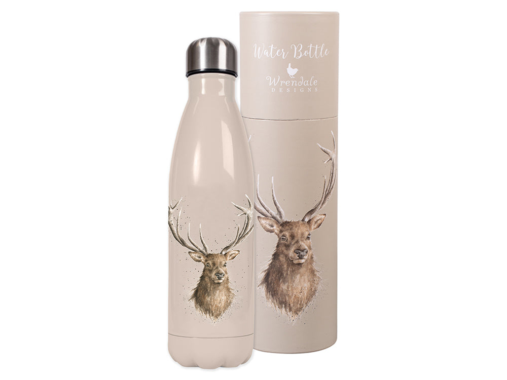 A light brown water bottle with a stag's head and neck on it