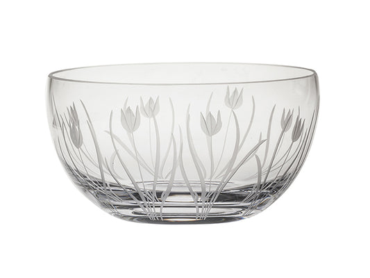 A large crystal fruit / salad bowl with a delicate tulip design cut around the exterior