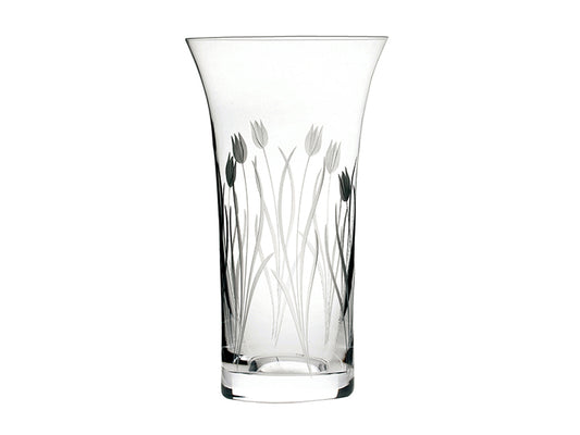 A straight crystal vase with a gently flared lip. It has been hand-cut with a frosted tulip design
