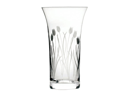 A large straight vase with a flared lip. It is cut with a tulip design around the outside.