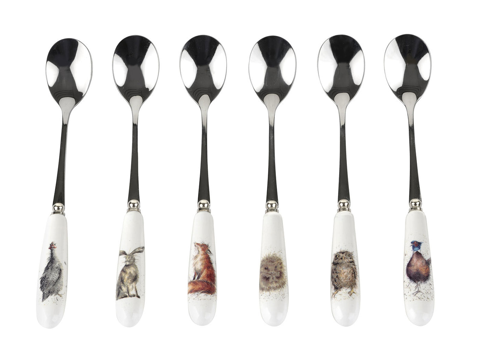 A set of six silver teaspoons with white porcelain handles with a different country animal on each handle