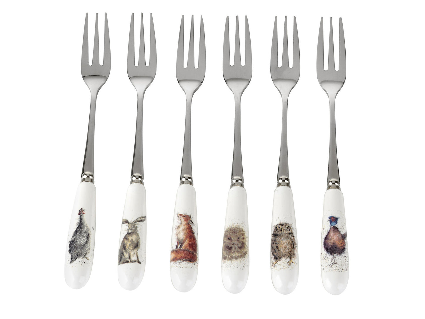 A set of six pastry forks with white porcelain handles and stainless steel prongs. Each handle has a different watercolour animal illustration on it