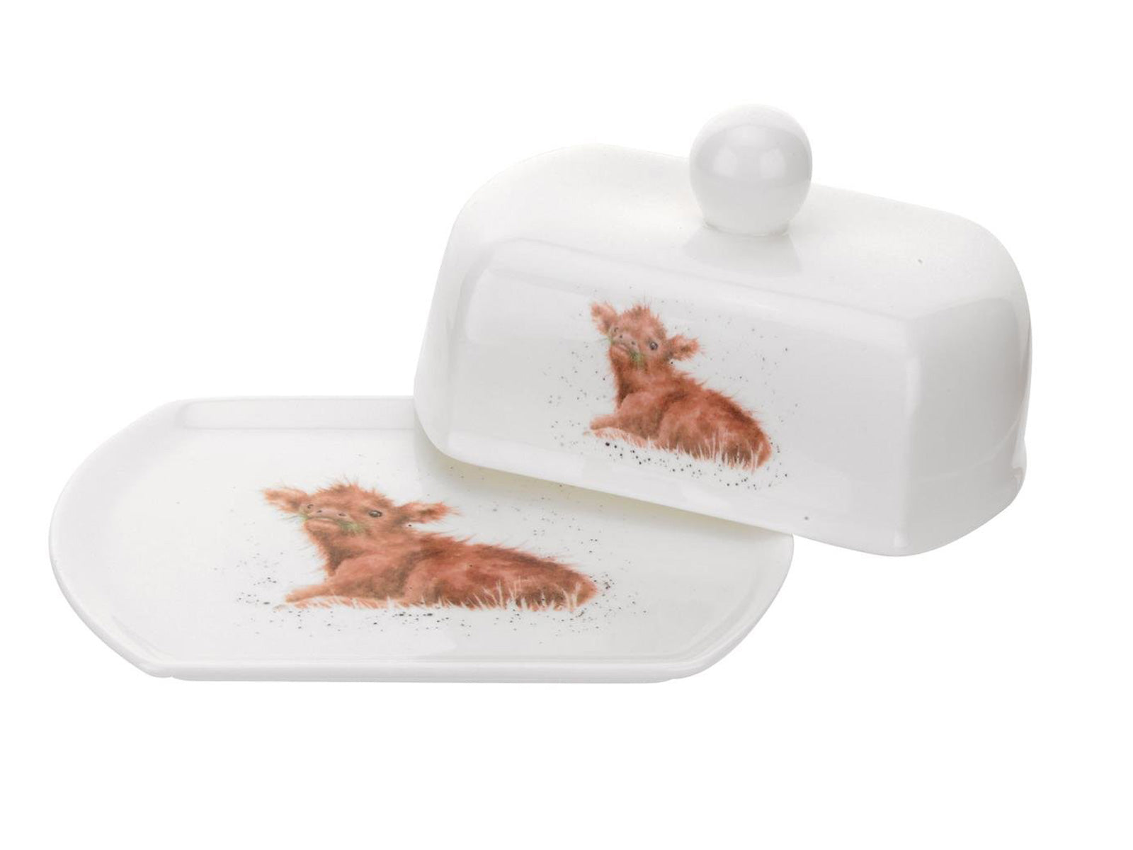 This Butter Dish is decorated with an adorable baby calf, lying on its side eating grass. With its beautiful simplistic design, it’s a perfect gift for any animal lover. Size: 155 x 110 x 80cm - 6" x 4.25" x 3.25". By: Wrendale. Product Code: WN4000-XW.