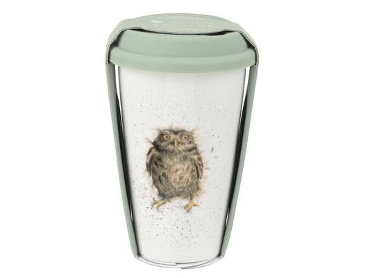 A white china travel mug with a brown owl design on the front and a green silicone lid