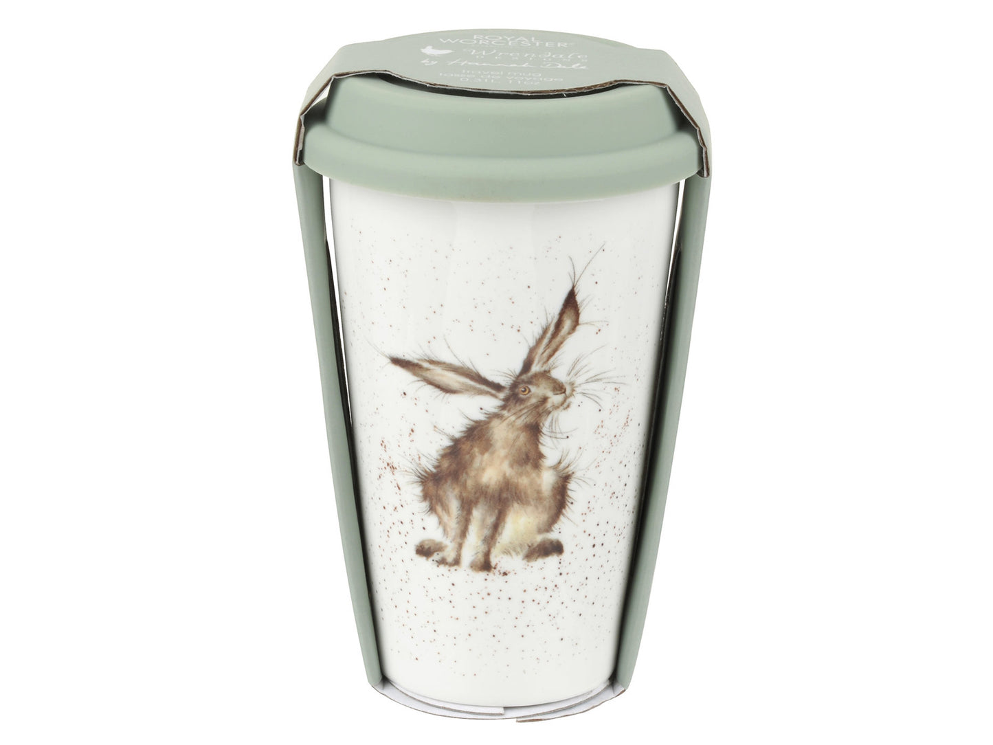 A white porcelain travel mug with a hare design on it and a light green silicone lid