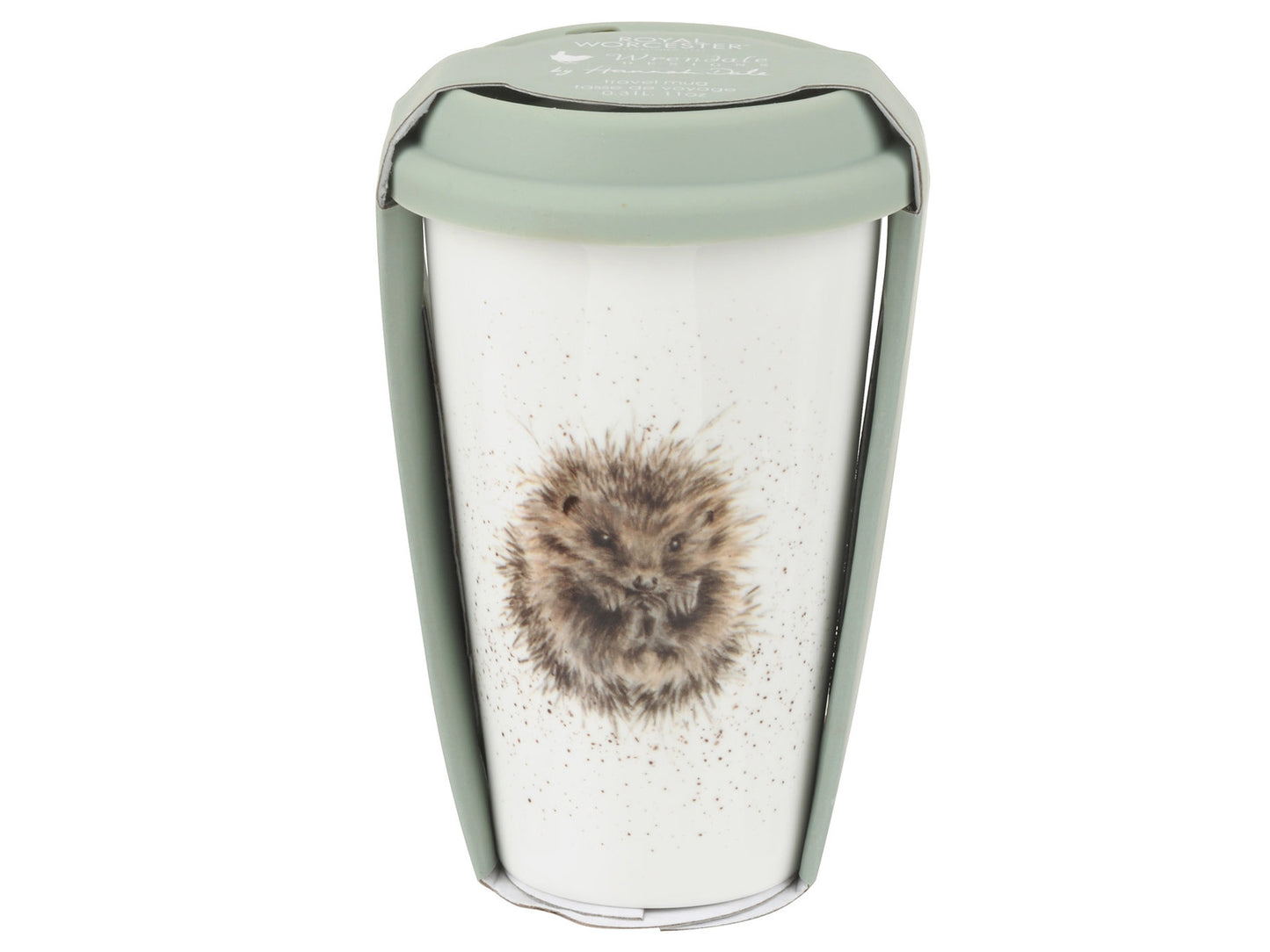 A white porcelain travel mug with a hedgehog design and a light green silicone lid