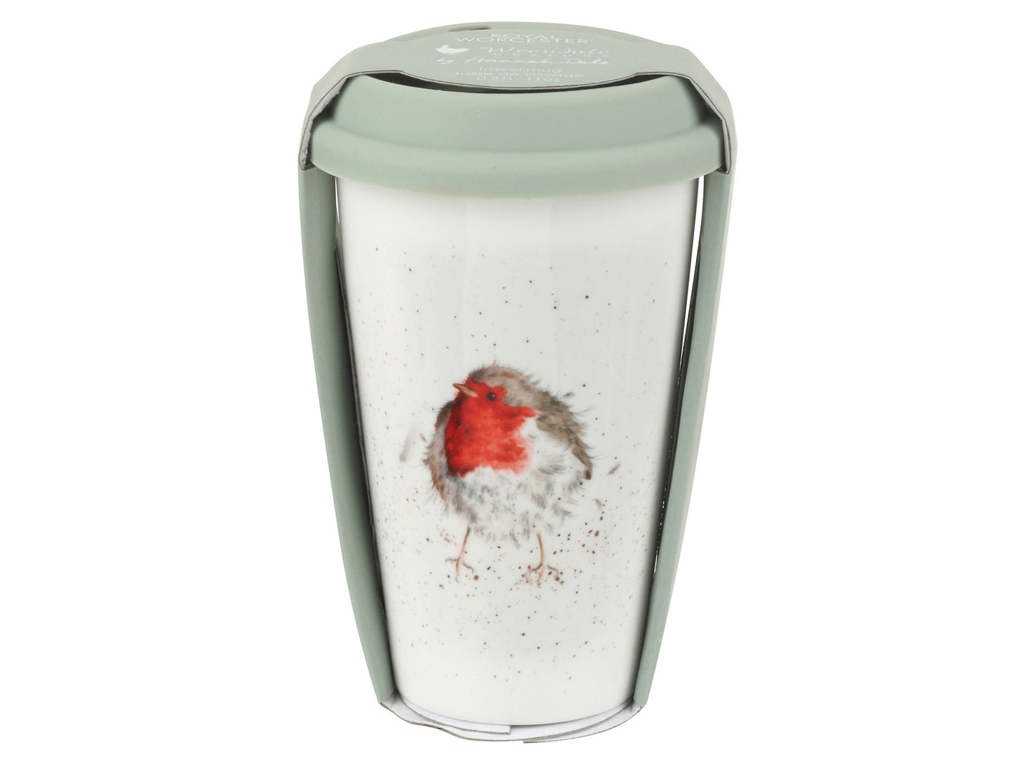 A white porcelain travel mug with a watercolour robin design on the front and a light green silicone lid