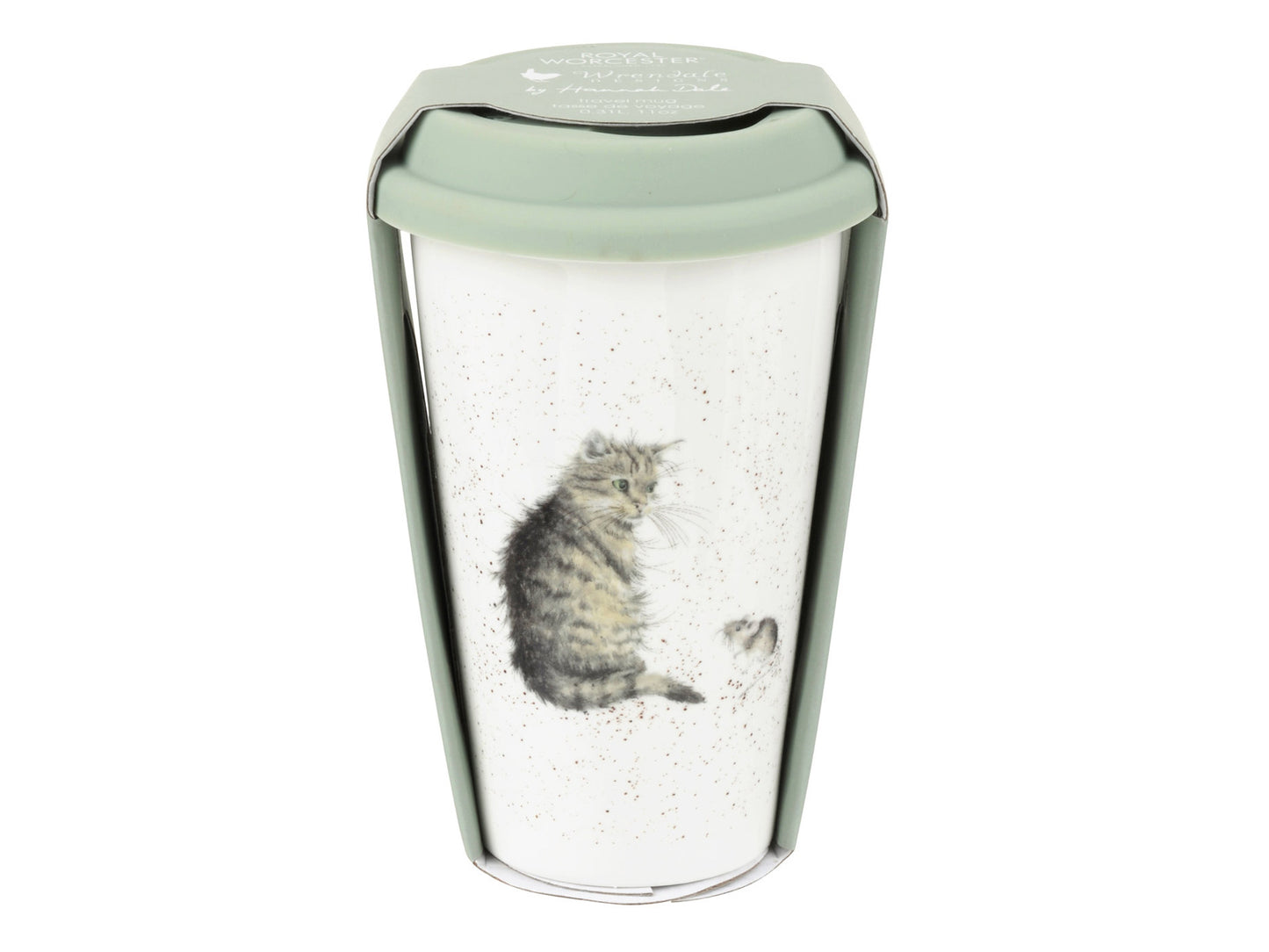 A white china travel mug with a cat and mouse looking at each other on the front with a green lid