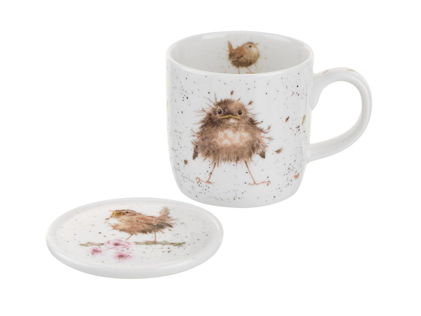 A white china mug and coaster set with wren designs on them in a watercolour style