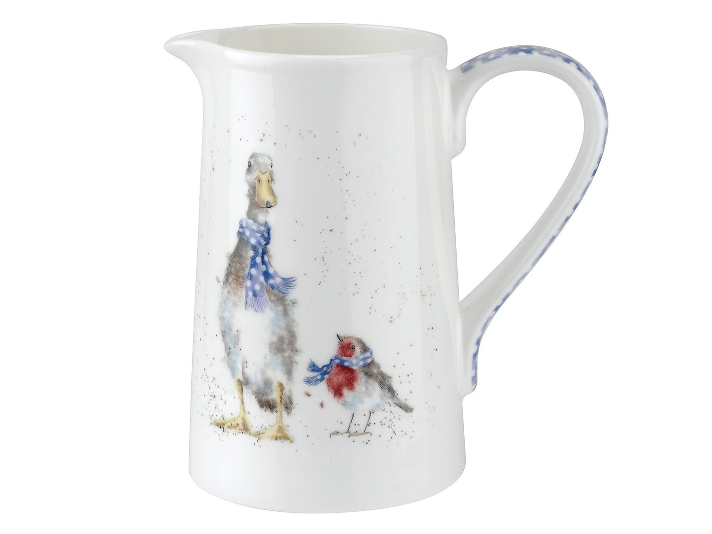 A white fine bone china jug with a blue handle and a duck and robin on it wearing matching scarves