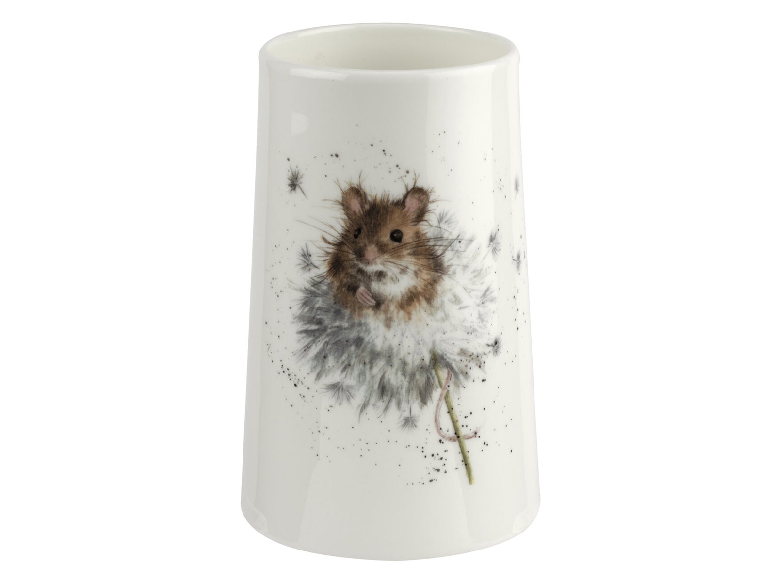 A white porcelain vase with a mouse sitting in a dandelion clock on the front