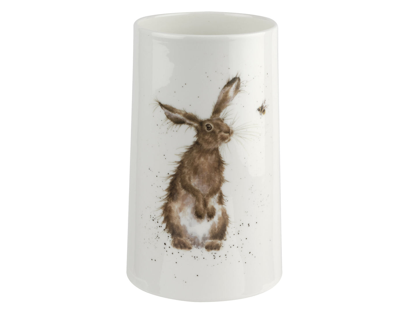 A white fine china vase with a hare watching a bee on the front
