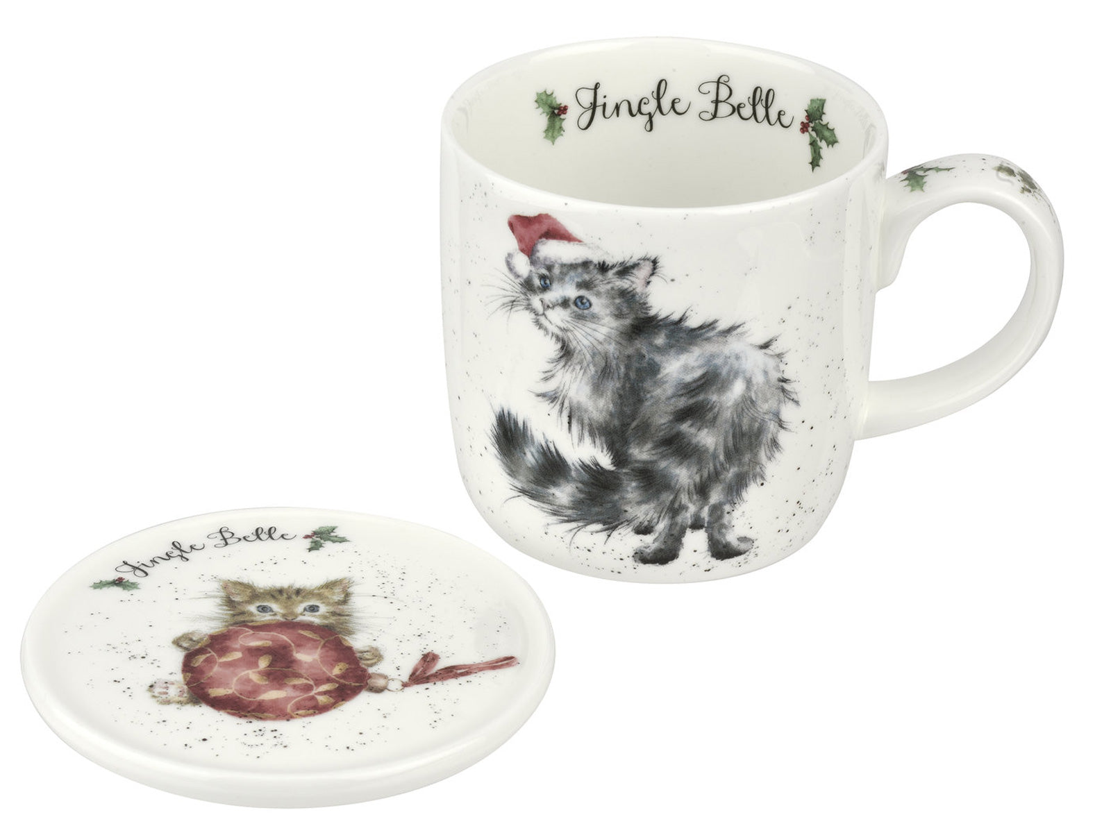 A white mug and coaster with festive cat designs on them