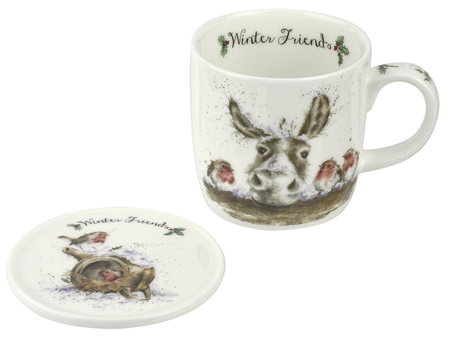 A matching mug and coaster set with a donkey on the mug surrounded by robins, which are also on the coaster