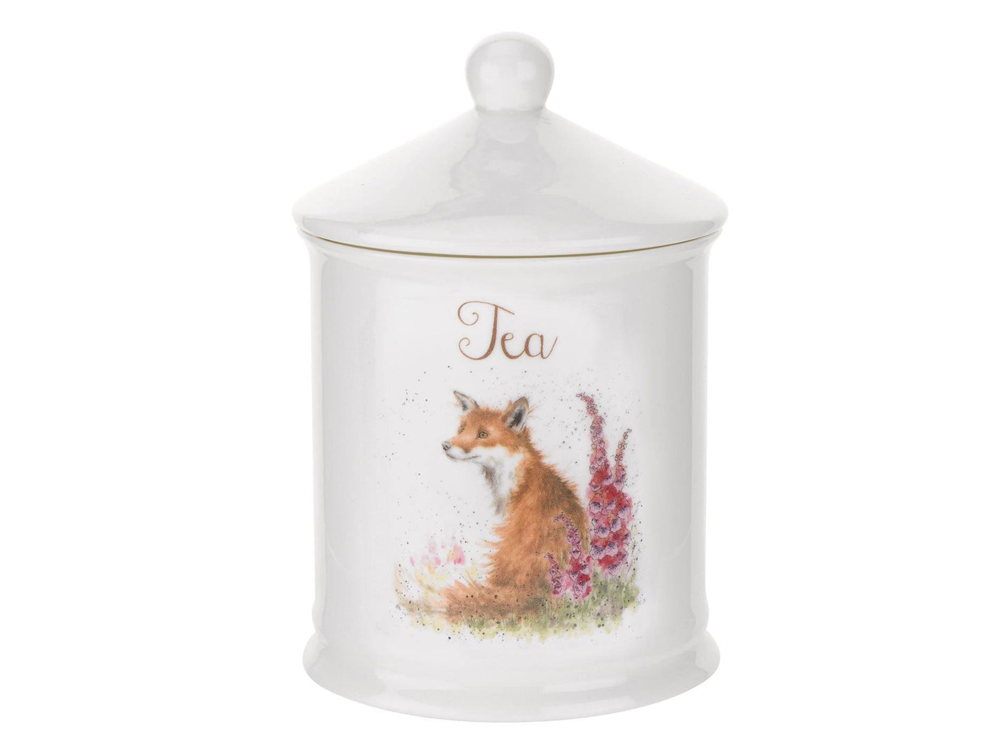 A white fine bone china tea cannister with a slanted lid with a round knob on the top, decorated with a fox that is sitting next to bright pink foxgloves, inscribed with the word 'tea'
