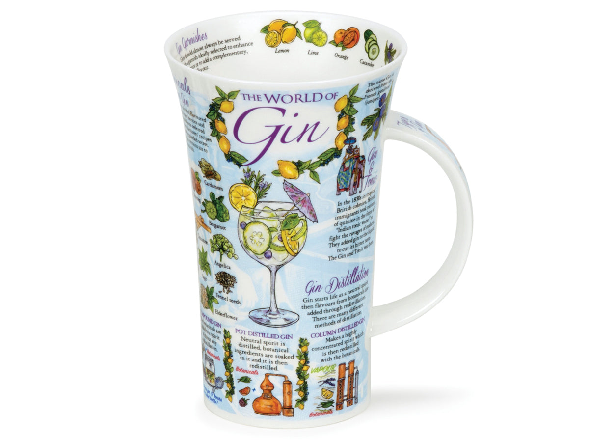 Dunoon Glencoe World of Gin Mug is crafted of a fine bone china and is printed with all things gin on its exterior, including all the different botanicals used to make gin, diagrams of the distilling process and an array of different gin-based cocktail recipes, as well as printed images of all the different gin garnishes around the inner rim.