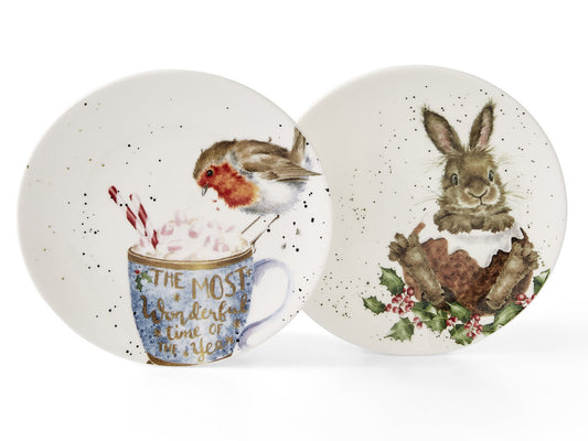 Royal Worcester Wrendale Christmas Collection - Coupe Plate Set Of 2 Robin/Bunny