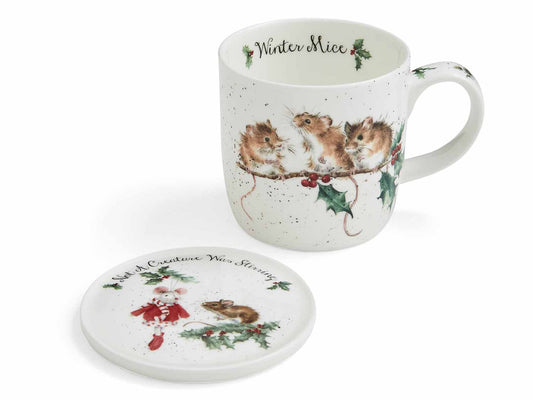 Royal Worcester Wrendale Christmas Collection Mug & Coaster Set - Winter Mice