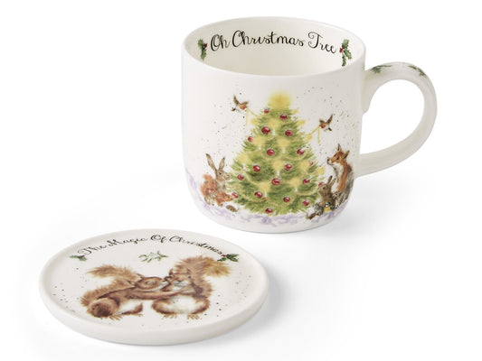 Royal Worcester Wrendale Christmas Collection Mug & Coaster Set - Oh Xmas Tree