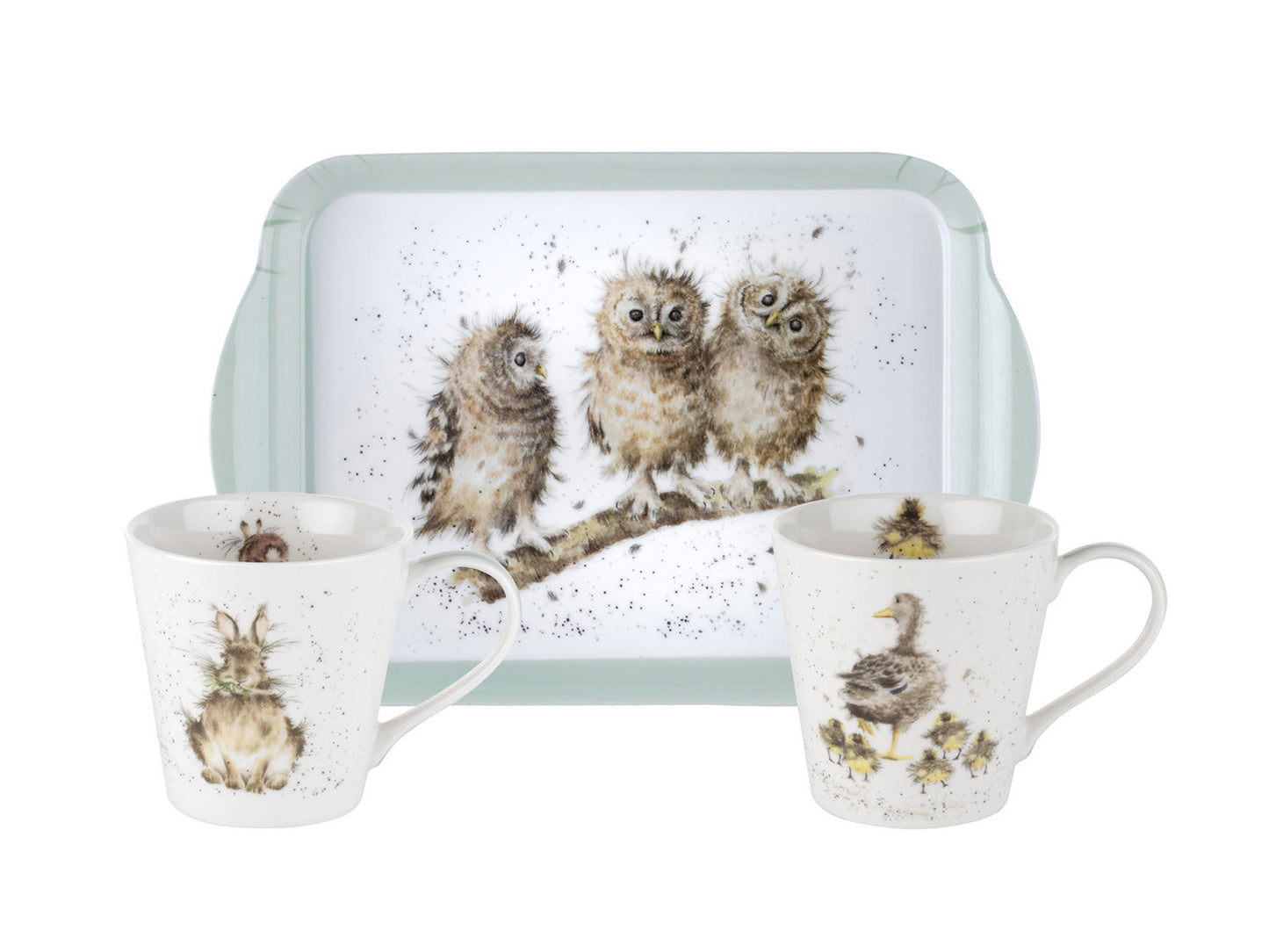 A white melamine tray with a light blue edge with two white china mugs, all featuring different watercolour animal designs on them
