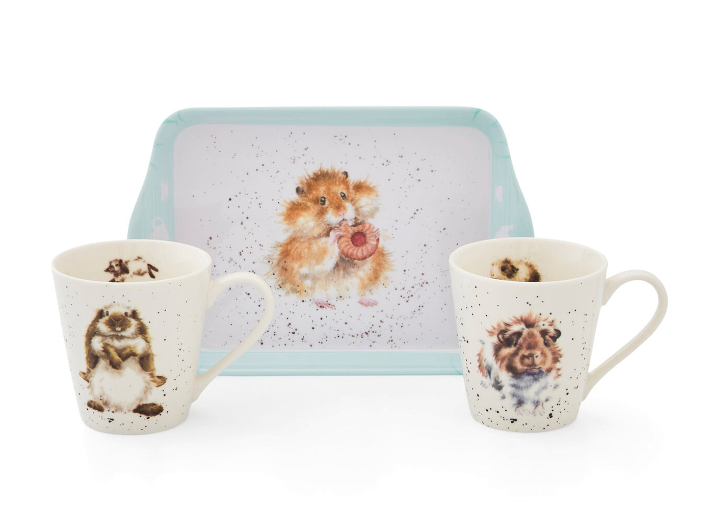 A white melamine tray with a light blue edge and two white mugs, all with different small animal designs on them