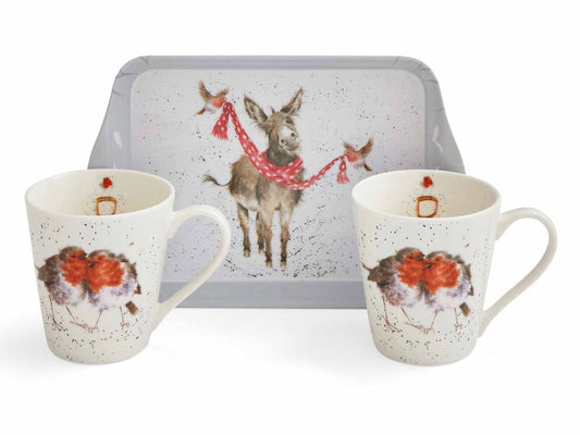 A white tray with a light blue edge, decorated with a donkey who is being given a scarf by two robins. The two mugs have a snuggled up robins on them
