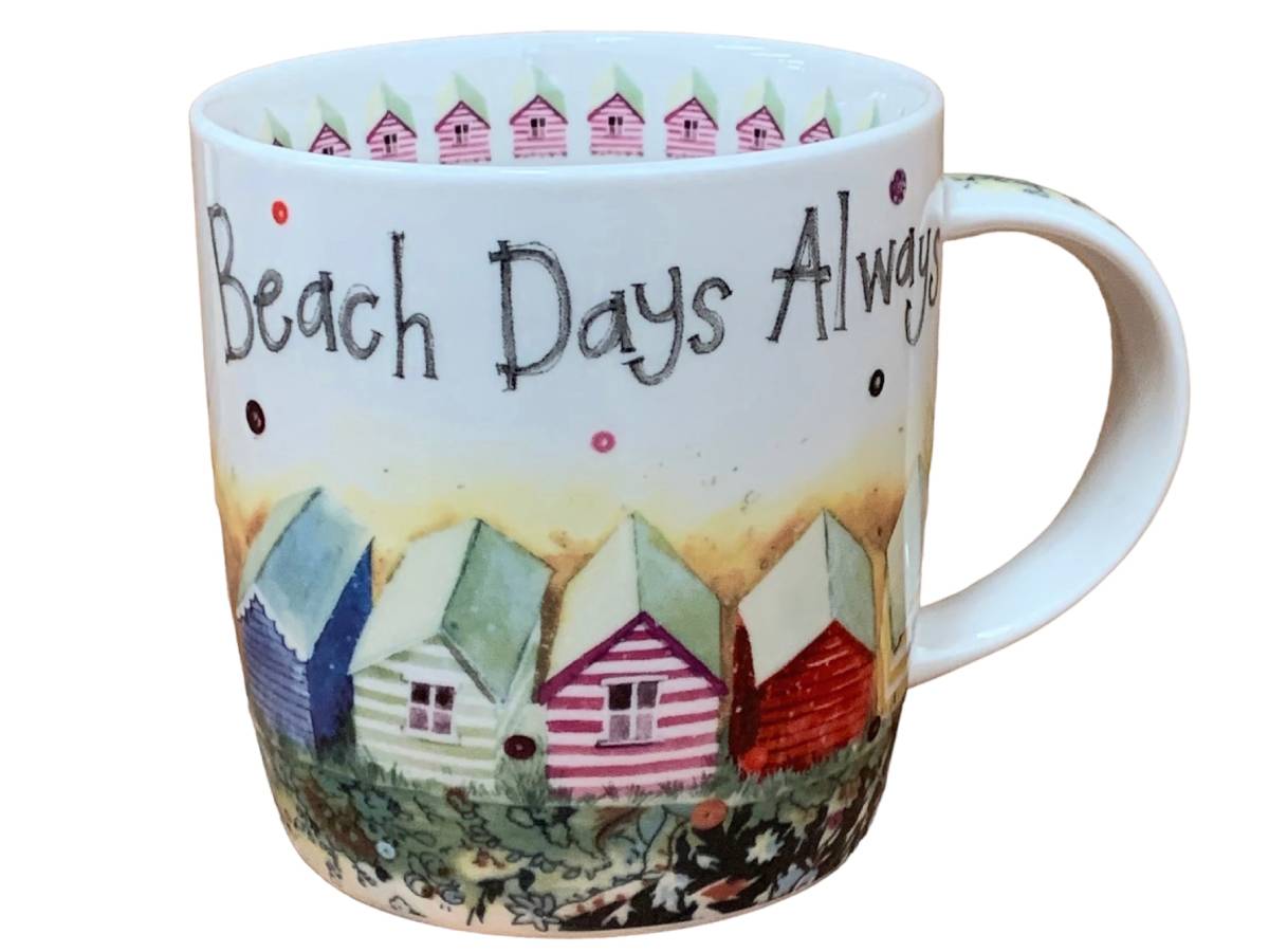 A white ceramic mug featuring a beach huts illustration and the text 'Beach Days Always' in black script, shown against a plain white background.