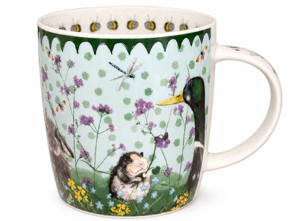 A white ceramic mug featuring a whimsical woodland garden design with a mallard duck, a hamster, a rabbit, a dragonfly, bees, and wildflowers on a pale blue-green background with green polka dots.