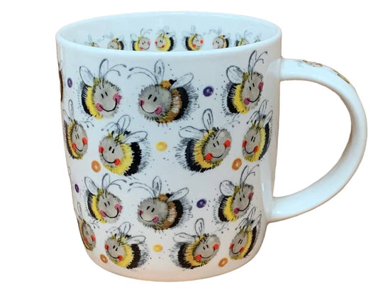 A white ceramic mug decorated with a repeating pattern of cute, smiling cartoon bumblebees in yellow, black, and white, with small colorful polka dots.