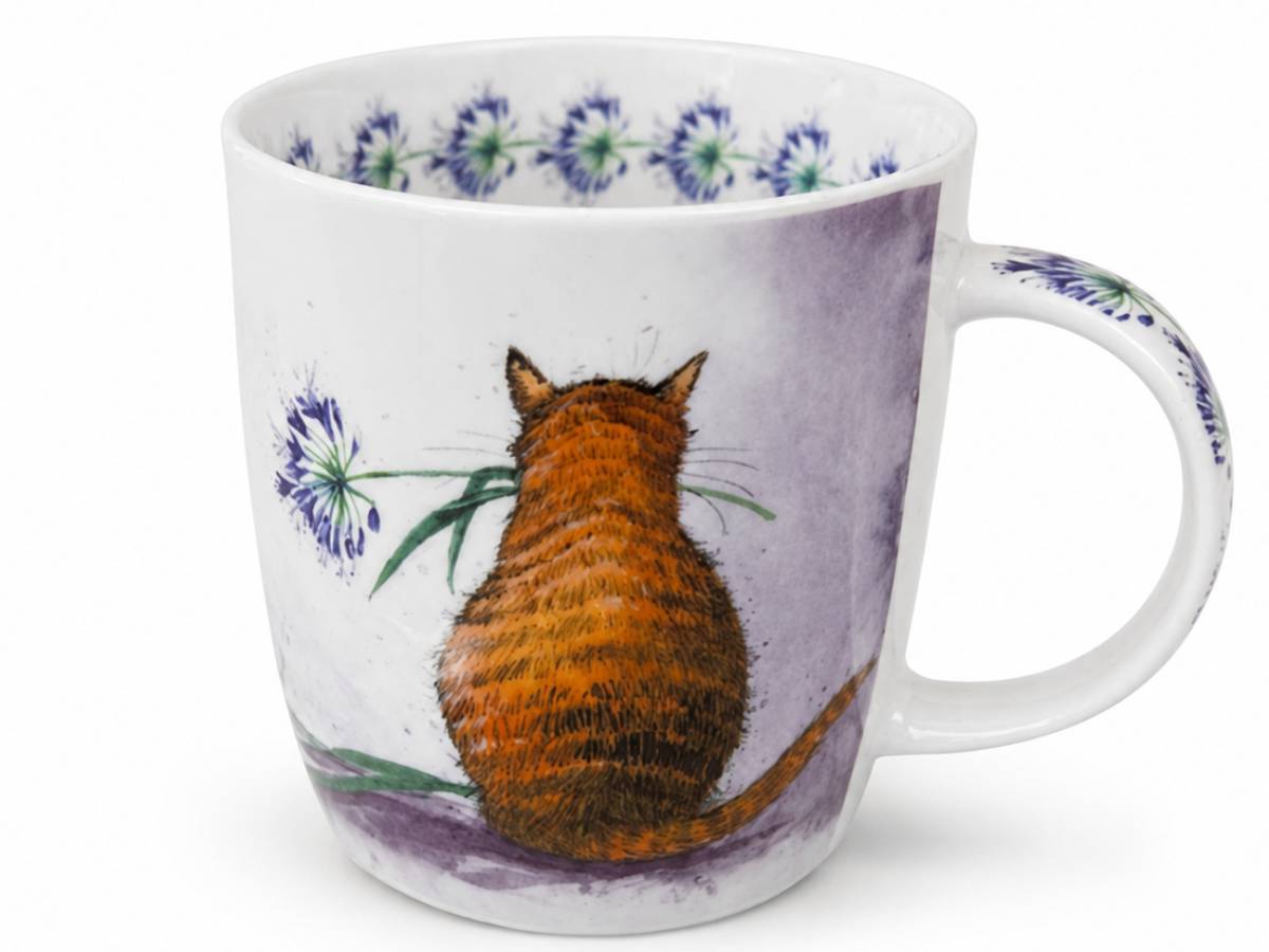 A white ceramic mug featuring a watercolor-style illustration of an orange tabby cat sitting on a purple background, with blue and green flowers around the rim and handle.