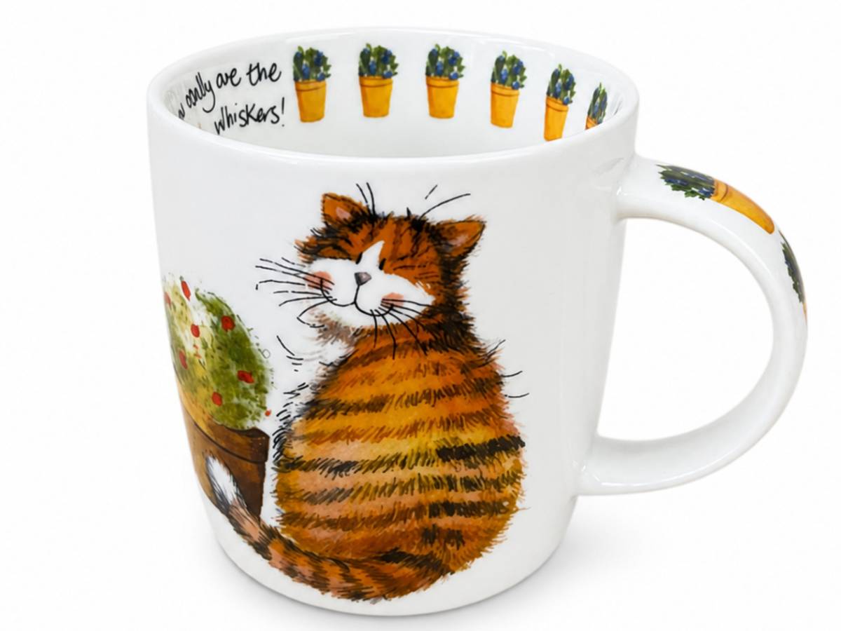 A white ceramic mug featuring a whimsical illustration of an orange tabby cat next to a potted cactus, with the text 'only are, the whiskers!' printed inside the mug. The top rim is decorated with a row of small potted cacti.