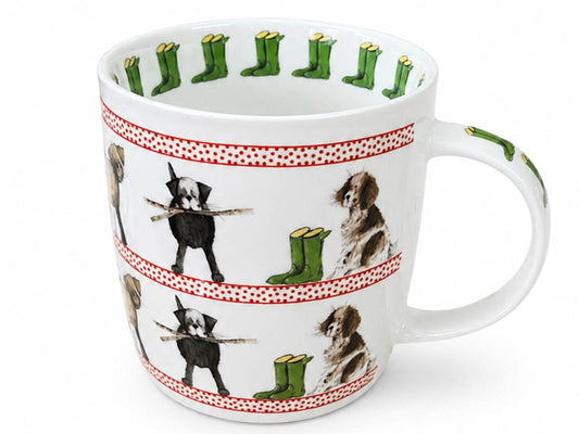 A white ceramic mug featuring a whimsical pattern of dogs holding sticks and green rain boots, separated by red dotted borders, on a clean white background.