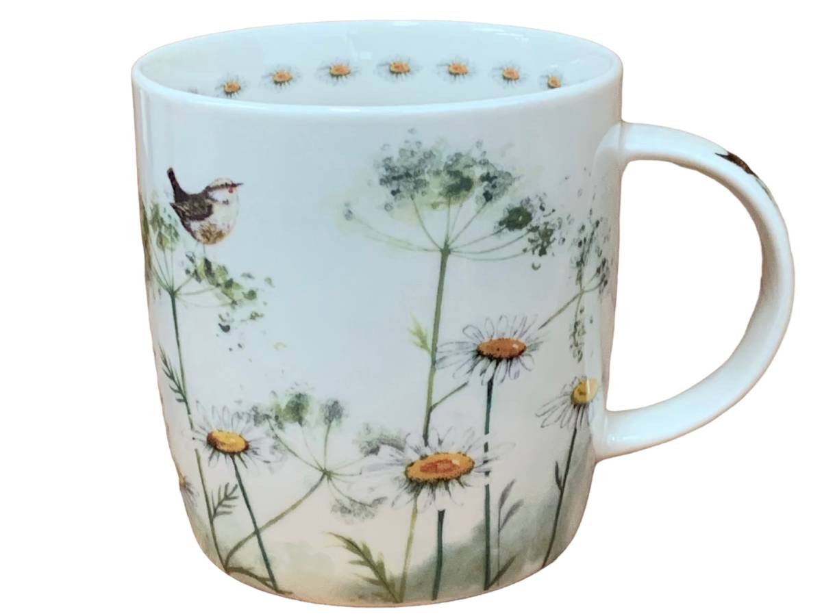 alex clark white vegn china mug with a cow parsley design