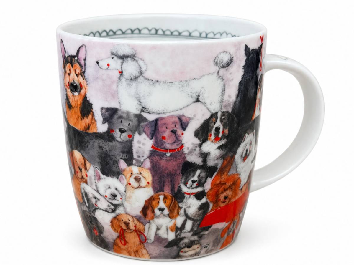 A white ceramic coffee mug featuring a detailed illustration of various dog breeds, including a white poodle, a German Shepherd, a black Shiba Inu, and several smaller dogs, set against a clean white background.