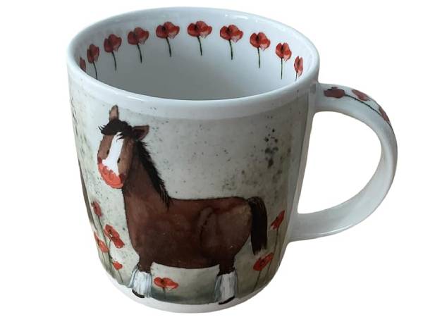 A white ceramic mug featuring a painted brown horse with red poppy flowers around it, shown on a plain white background.