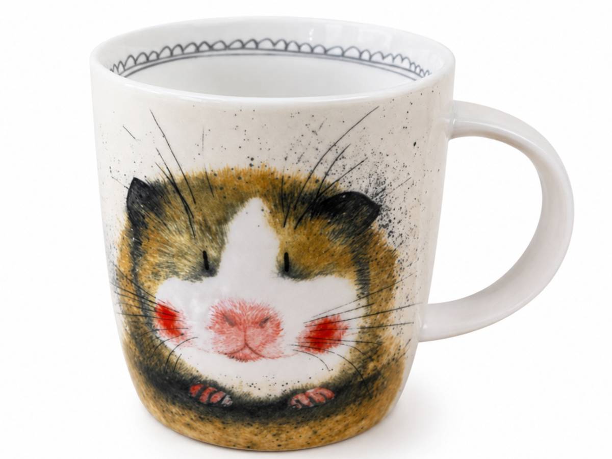 A white ceramic mug featuring a whimsical illustration of a guinea pig face with brown, black, white, and red details, set against a plain white background.