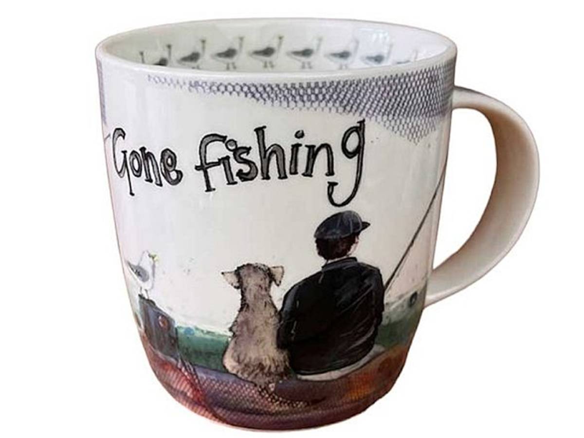 A white ceramic coffee mug with a 'Gone Fishing' design, featuring a hand-painted illustration of a man and his dog sitting in a boat, on a white background.