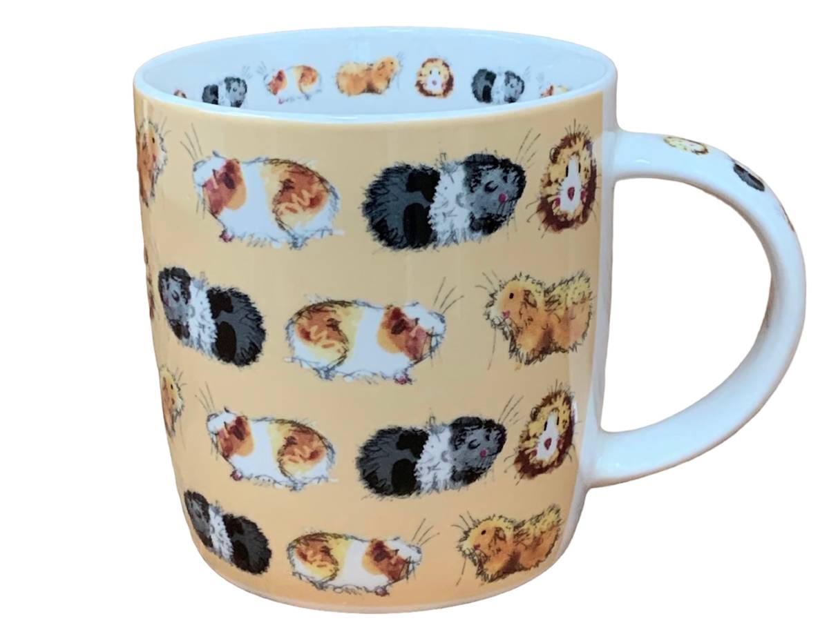 A ceramic mug with a light beige background printed with a repeating pattern of wavy-haired guinea pigs in black, white, and orange. The mug has a white interior and handle, and is shown against a plain white background.