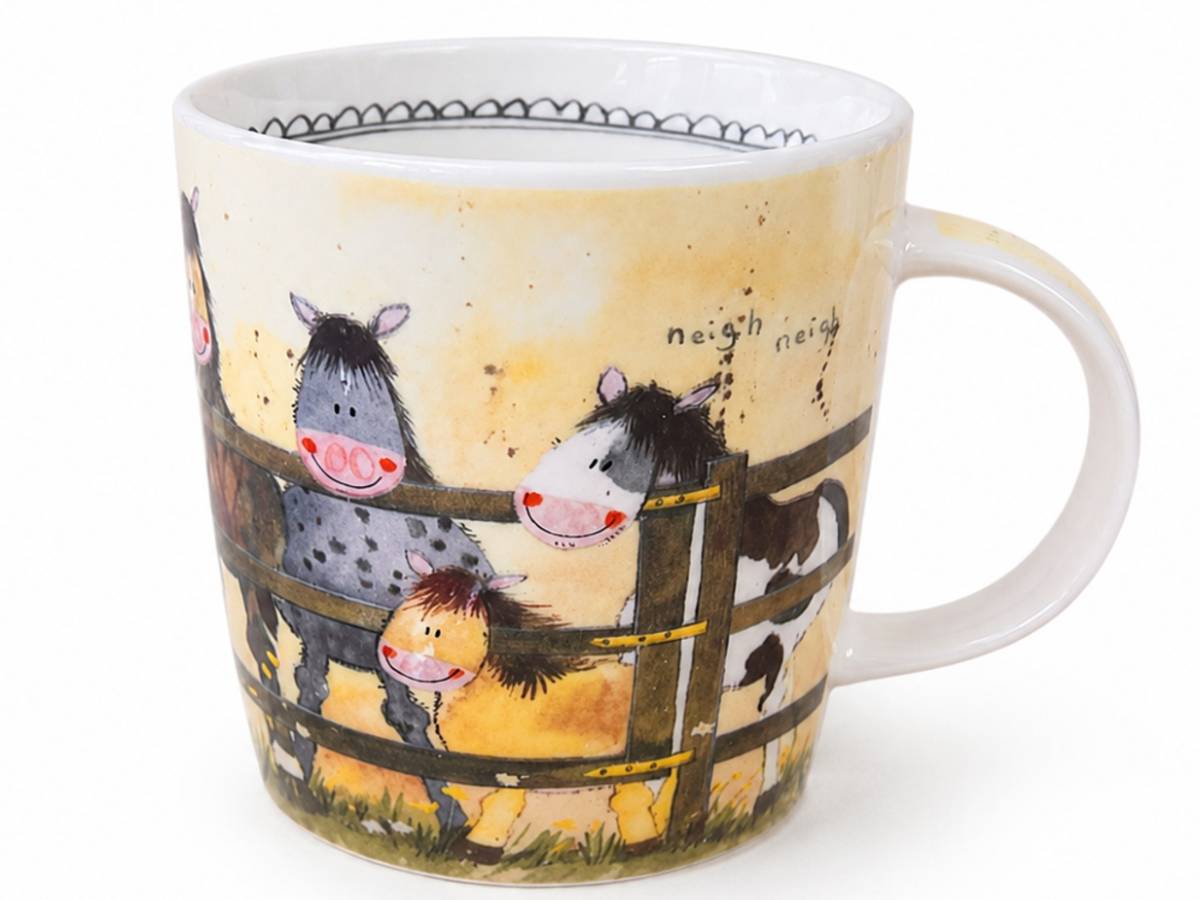 A white ceramic mug featuring a whimsical illustration of four playful horses behind a wooden fence on a warm yellow background, with the text 'neigh neigh' printed on the side.