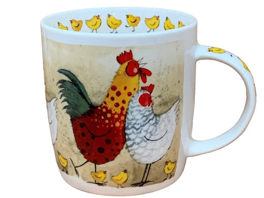 A white ceramic mug featuring a whimsical illustration of a red and yellow rooster, a white hen, and several small yellow chicks on a textured beige background.