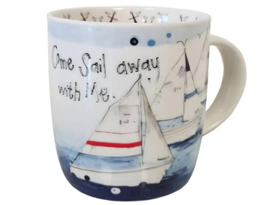 A white ceramic mug featuring a watercolor-style illustration of sailboats on blue water, with the handwritten phrase 'One Sail away with Me.' printed on the side.