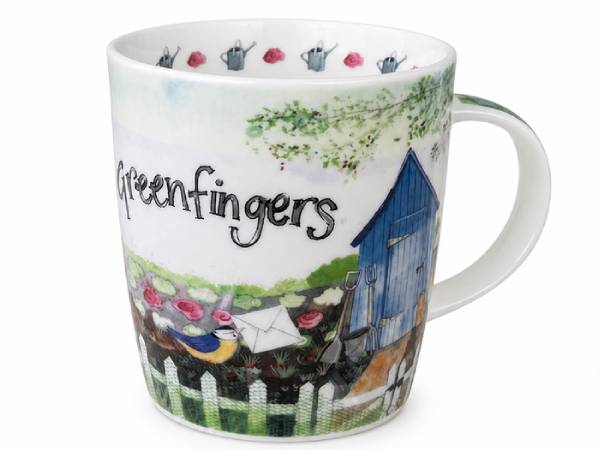 A white ceramic mug featuring a whimsical garden illustration with the text 'Greenfingers' in black script. The design includes a blue shed, green foliage, pink roses, a small bird, and a white picket fence.