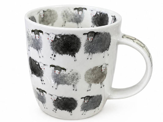 A white ceramic mug decorated with a repeating pattern of black, gray, and white sheep, shown against a plain white background.
