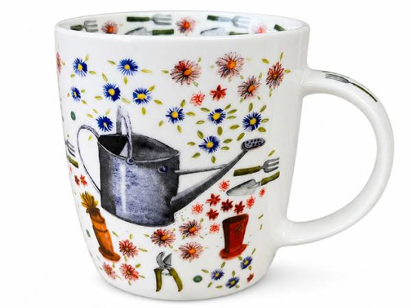 A white ceramic mug decorated with a colorful gardening pattern featuring a watering can, flowers, tools, and boots.